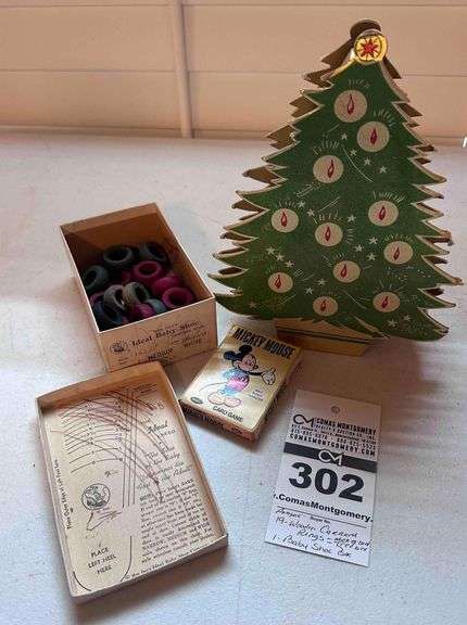 Vintage Christmas Tree Box, Mickey Mouse Cards, Baby Shoe Box, Carrom Rings Game image