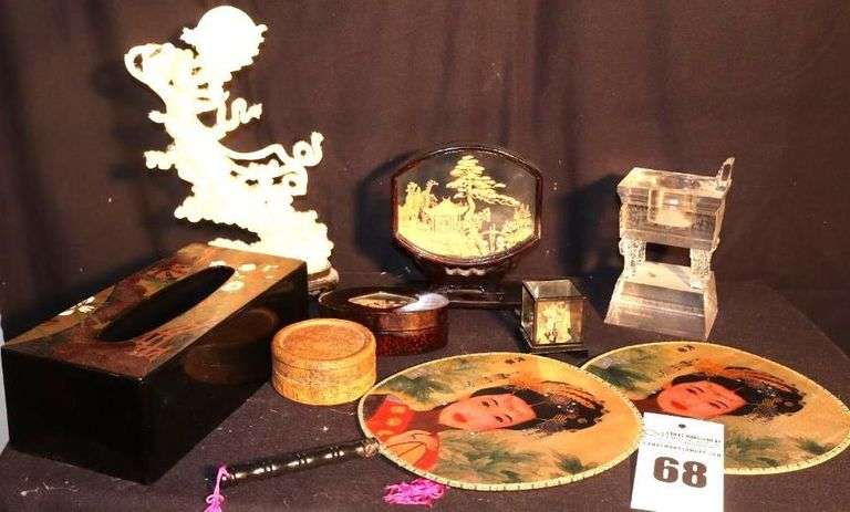 Variety of Vintage items From Japan: Chinese Cork Carving Diorama, Silk Fans, Woman Statue (plastic), Containers, Glass Weight, Candle Stand etc. image