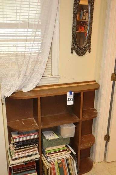 Small Wood Book Shelf (41"x38"x8"), Wall Mirror, & Variety of Cookbooks/Recipe cards image