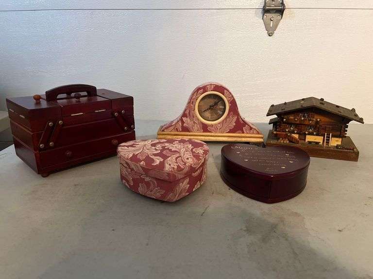 Assortment of Music Boxes, Clock and Mini Sewing Bix image