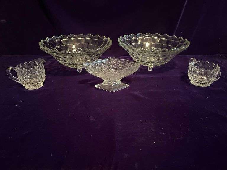Indiana Glass Pineapple and Floral Compote Dish, Anchor Hocking Cubist Salt, Pepper and 2 Footed Bowls image
