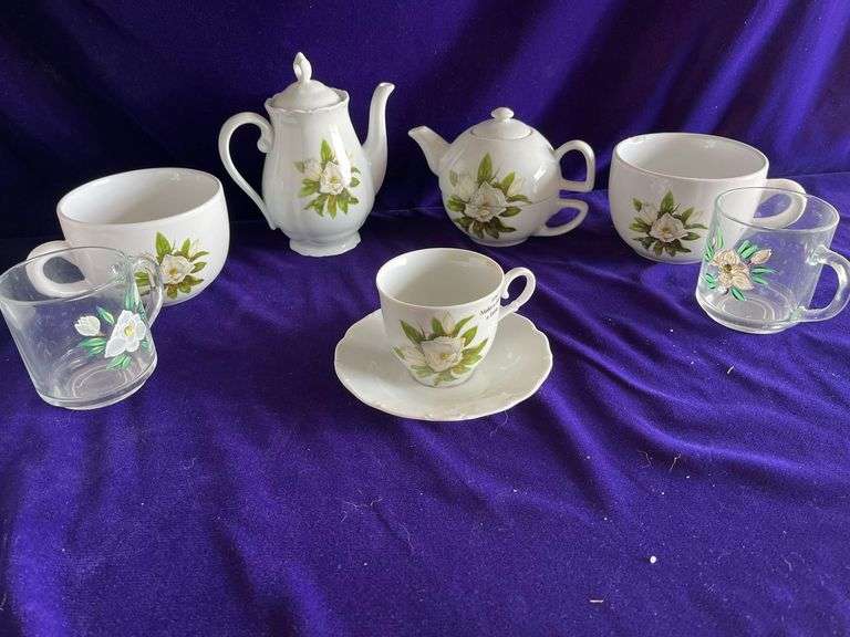 Magnolia Coffee Server, 1 Cup Teapot, 2 Glass Cups, 2 Soup Cups (1 with chip) Cup and Saucer image