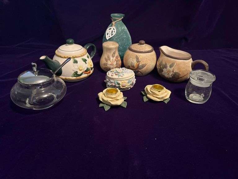 Teapot, Sugar, Creamer, Salt Shaker, Jam Jar, Trinket Boxes and Candle Holders image