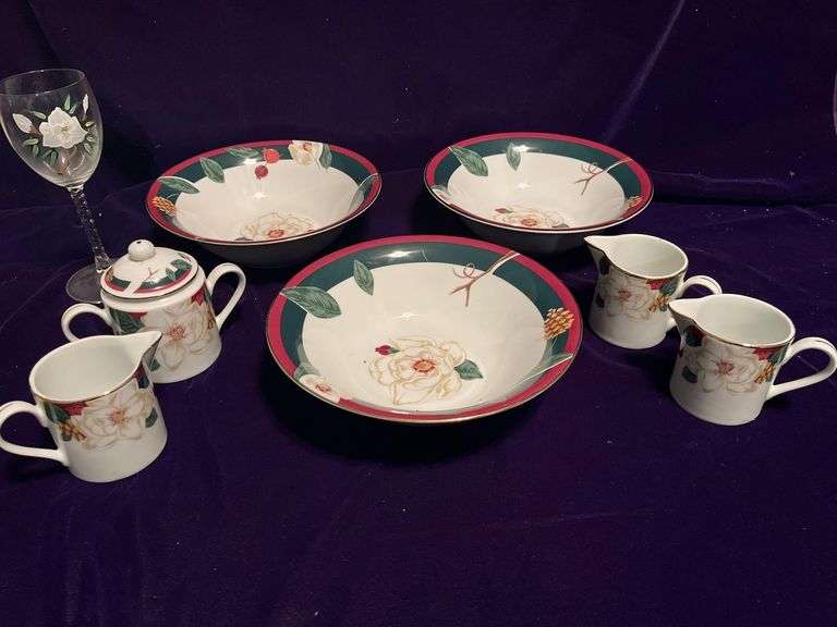 Tienshan - Magnolia Fine China - 3 Serving Bowls, 3 Creamers, Sugar Bowl and a Painted Wine Glass image