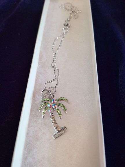 Palm Tree Pendent Necklace with Green and Aurora Borealis Crystals. image