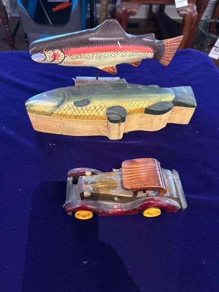 Wooden Car, Fish Box and Fish on Stand image