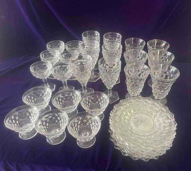 Vintage Fostoria American Set of 6 Each Tea Glasses, Water Goblets, Champagne Glasses, Sherbet Cups and Plates image