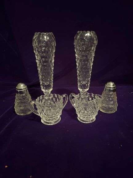Anchor Hocking - 2 Bud Vases, Salr and Pepper Shakers and Creamer and Sugar Bowl image