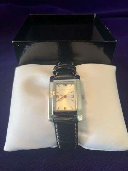 Tommy Hilfiger Rectangular Silver-Tone Watch with a Black Leather Strap image