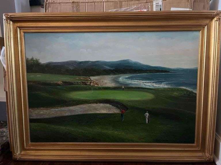 31”x43” Gold Framed Golf Picture - Oil on Canvas image