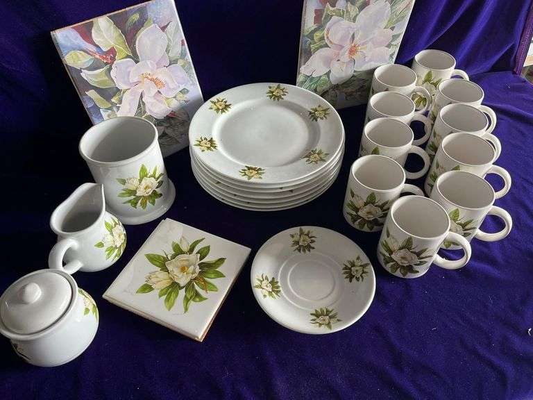 Magnolia Dishes - 7 Dinner Plates, 1 Saucer, 10 Cups, Sugar Bowl, Creamer, Utensil Holder, 2 Trivets and 2 Prints image