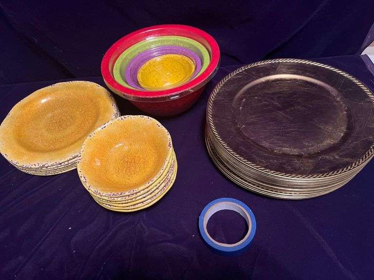 6 Plastic Plates and Bowls from Pier One, zak! Nesting Bowls and 22 Gold Tone Plastic Chargers image