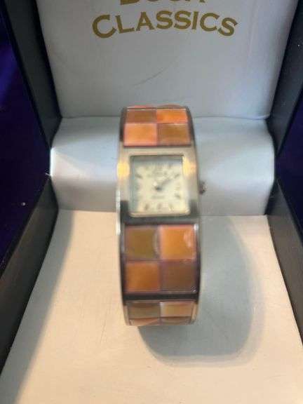 Boca Classics Quartz Watch with a Silver-Tone Metal Cuff Band and Square, Multicolor Mother of Pearl Inlays image