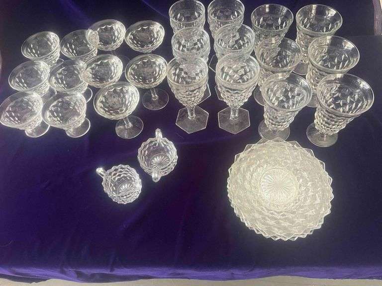 Vintage Fostoria American - 6 Tea Glasses, 6 Water Goblets, 5 Champagne Glasses, 6 Sherbet Cups and 6 Plates image