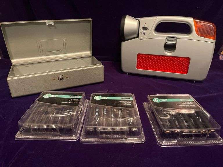 3 Boxes of Curved Metal Pulls, Lock Box and Flashlight with Built-in Tool Box (broken latch) image