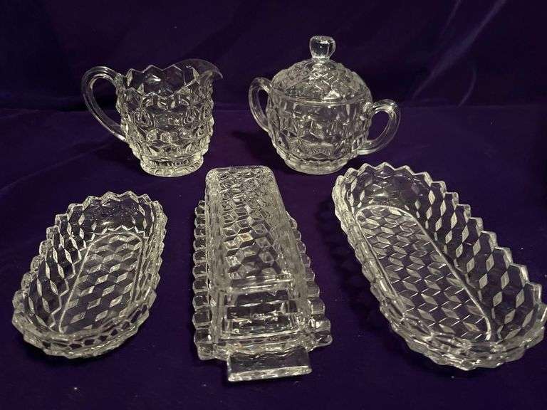 Anchor Hocking - 6” Relish Dish, 8” Relish Dish, Butter Dish, Creamer and Sugar image