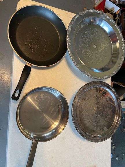2 Silver Trays on Stands and 2 Skillets image