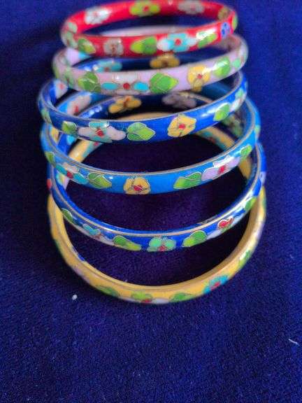 6 Cloisonné Enamel Bangle Bracelets with Floral Designs image