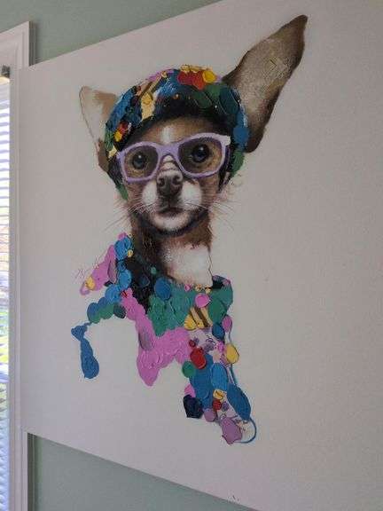 31.5 x 31.5 Dog Oil Painting  Canvas that has been Hand-Embellished with Textured Brush Strokes. image