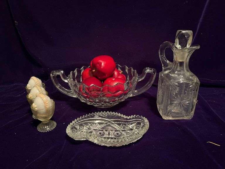 Anchor Hocking 13” Handled Bowl, 3 Egg Cups, Relish Dish and EAPG Decanter image