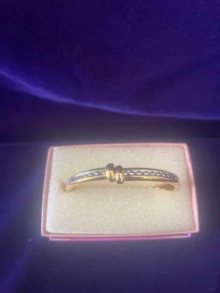 Goldtone with Center Silvertone Geometric Center Stripe Hinged Bangle Bracelet image