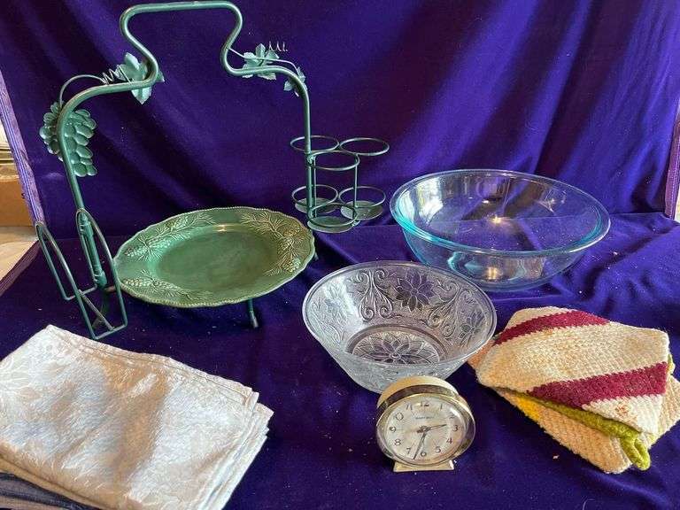 Metal Serving Stand, Large Pyrex Bowl, Serving Bowl, Alarm Clock and Napkins image