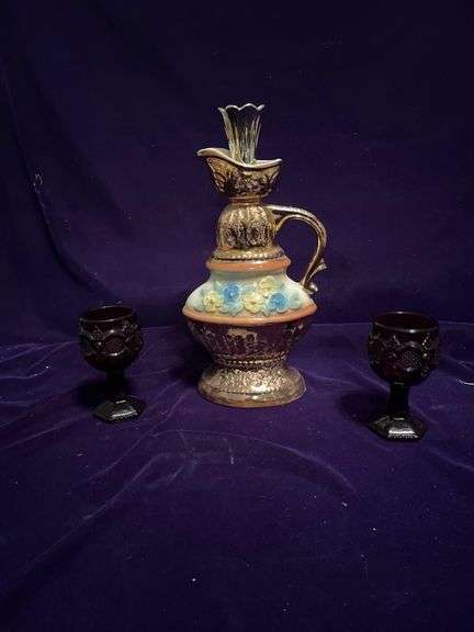 1976 James Beam Decanter and 2 Avon Ruby Wine Glasses image