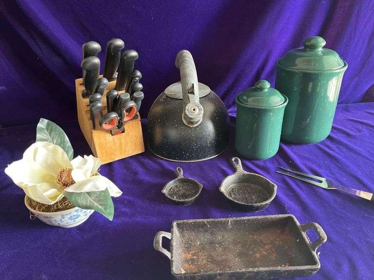 Miscellaneous Kitchen - Tea Kettle, Knife Block with Knives, 2 Canisters, 3 Cast Iron Ashtrays and Decorative Bowl image