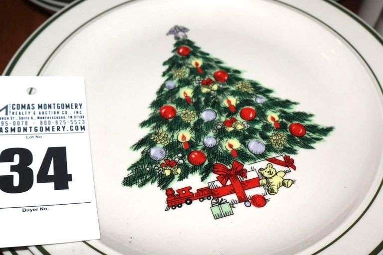 Set of Christmas Dishes Stoneware "Christmas Tree": 8 dinner plates, 8 dessert plates, 8 bowls, 5 mugs, 8 pedestal glasses