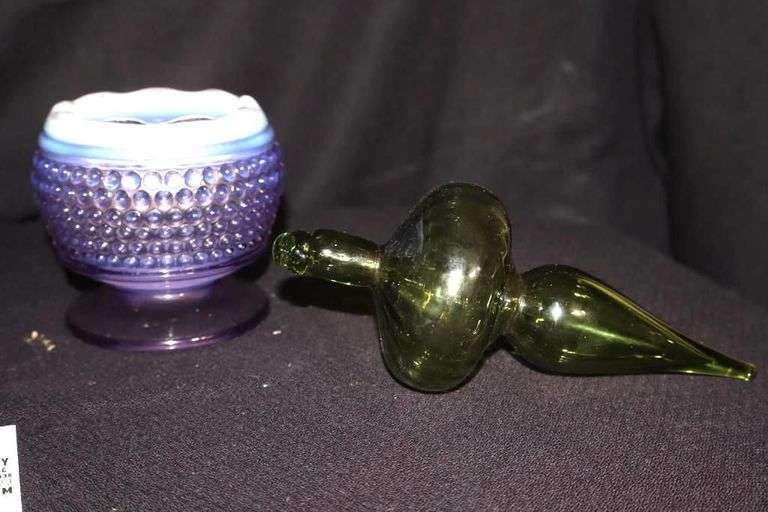 Variety of Glass items: Vintage Hand Blown Murano Rooster  (8"), Clear glass Lily Vase, 2 Porcelain Slippers, Handblown Green Ornament, Westmoreland Hobnail Lilac Opalescent Vase, Glow Ball Candle Holder Art Glass