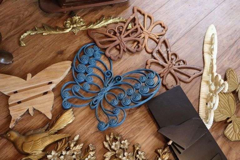 Variety of Wall Decorative Items: Shelf (16"x14"x5"), Plastic Butterflies, Display Shelf with glass front, etc.