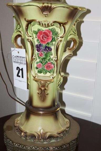 Vintage Victorian Porcelain "Corday" Style Table Lamp with Flowers (gold tone trim)  with shade     35"x14"                                         **Matches Lot #22