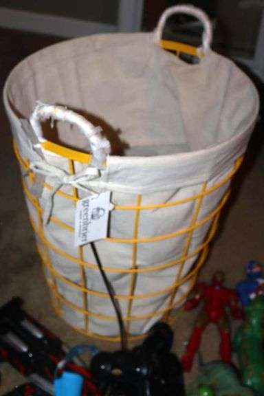 Tall Metal Basket with cloth Liner with a Variety of Play Characters, Dinosaurs, Remote Items (no Batteries), Swards, Etc.