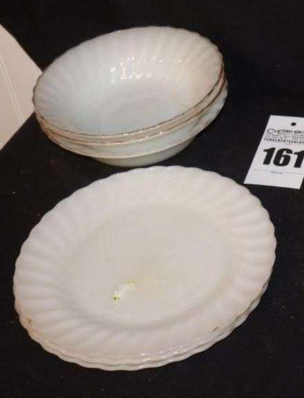 Vintage Fire King By Anchor Hocking - Partial set of white swirl gold trimmed dishes - 3 serving bowls, 3 dinner plates 4 saucers, 2 cups, 6 dessert bowls, creamer & sugar bowl