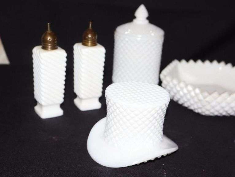 Fenton Milk Glass Hobnail Top Hat, Vintage Milk Glass Salt & Pepper set, Westmoreland Diamond Point Glass bowl with lid, Milk Glass Diamond Point Dish, & Westmoreland Milk Glass Candy Dish with handle