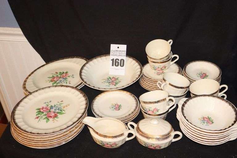 Set of Vintage China from the Cronin China Co. "rose pattern with gold trim - 8 dinner plates, 7 bowls, 4 dessert plates, 8 cups, 8 saucers, 8 dessert bowls, creamer, sugar bowl with lid, 2 platters, serving bowl
