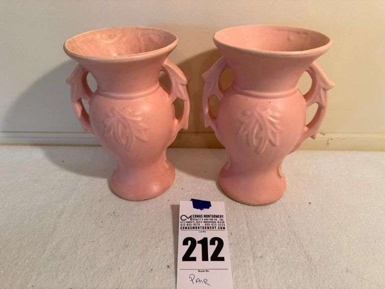Pair of McCoy Pink Vases with Leaf Design