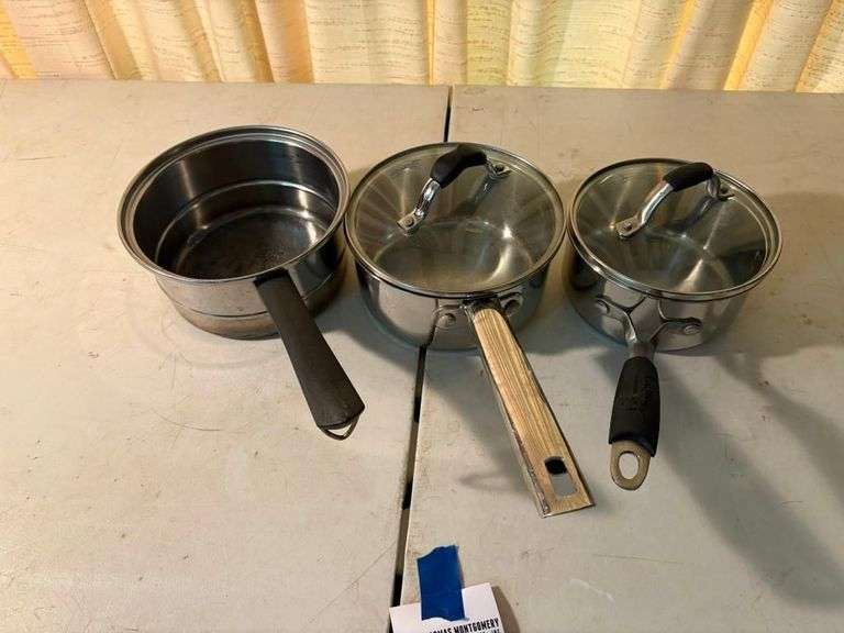 Set of Three Stainless Steel Saucepans
