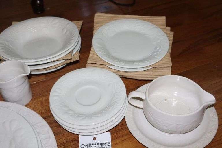 Gibson Dishware & a few similar Newcor White dishes: 3 dinner plates, platter, 4 bowls, 3 pate, 6 mugs, butter dish, gravy bowl with plate, creamer etc.