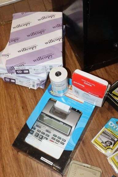 2 Drawer Metal File Cabinet (24.5"x14"x18"), adding Machine, Print Paper (3), Echo Show (in box), Shredder top, Alert System (in box), and additional items