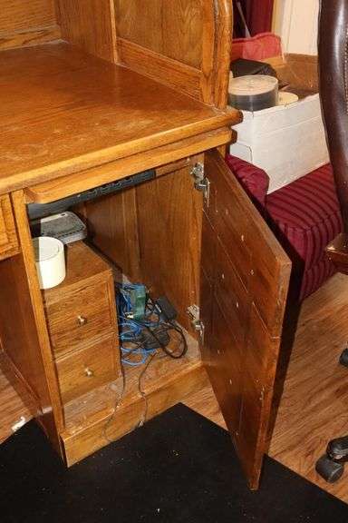 Wood Roll Top Desk (53"x53"x30") with Cubbies & drawers, drawers, slid out key board drawer, side door with drawers inside, Desk Chair (42"x27"x21") & Plastic floor protector Mat