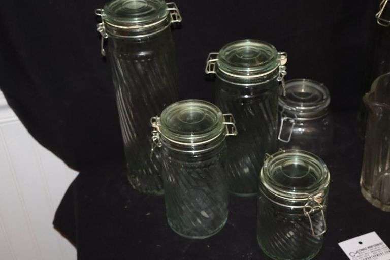 Variety of Glass Jars (one set) wire bale tops & glass pitcher