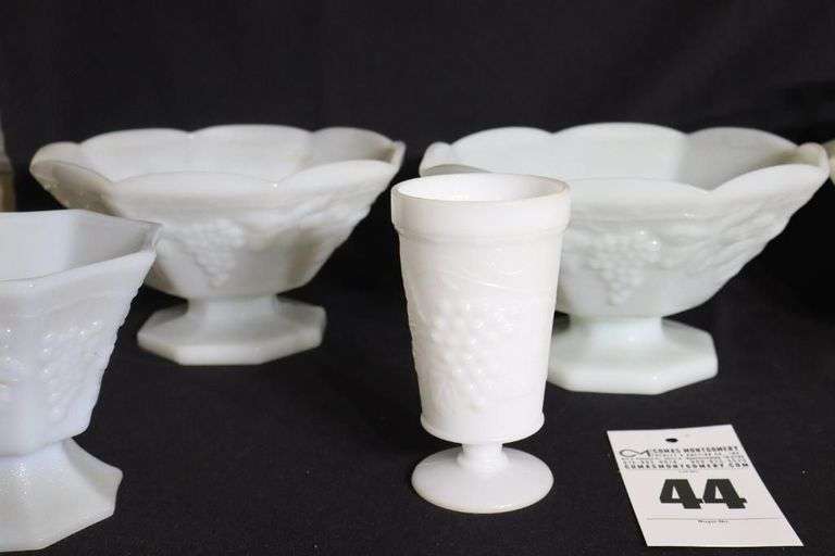 Variety of Grape Vine Design Milk Glass items: 3 Pedestal Fruit Bowls, Vase, 2 Lidded candy dishes/bowls