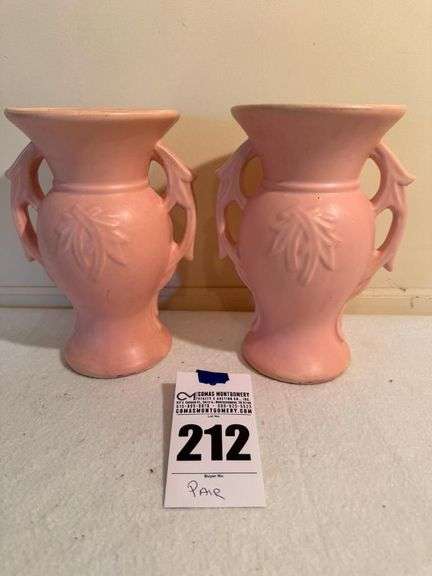 Pair of McCoy Pink Vases with Leaf Design
