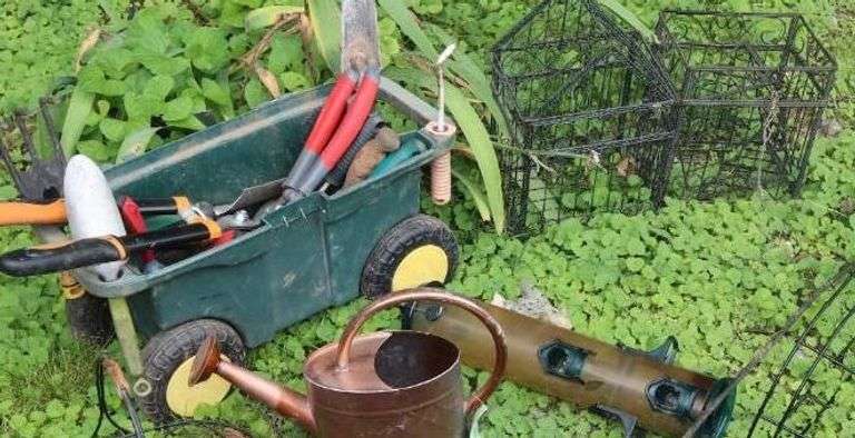 Variety Gardening Items: Planters, Bird Feelers, Rolling Cart with a varity of garden tools