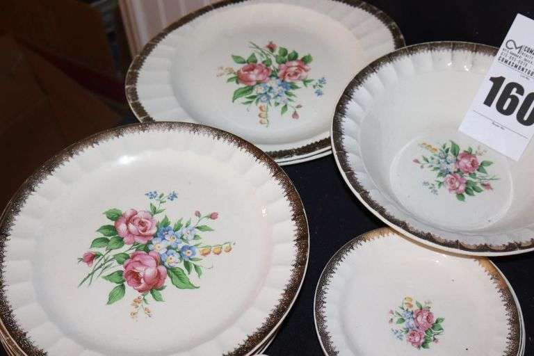 Set of Vintage China from the Cronin China Co. "rose pattern with gold trim - 8 dinner plates, 7 bowls, 4 dessert plates, 8 cups, 8 saucers, 8 dessert bowls, creamer, sugar bowl with lid, 2 platters, serving bowl
