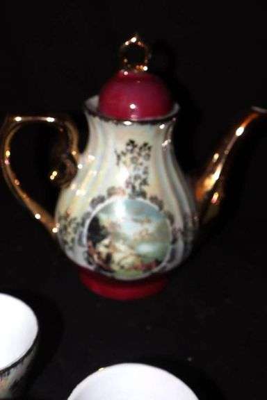 Vintage Iridescent Victorian Porcelain Tea/Coffee Pot Set: Pitcher, 6 Cups, 6 Saucers, Creamer & sugar bowl