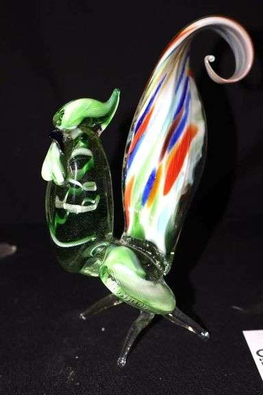 Variety of Glass items: Vintage Hand Blown Murano Rooster  (8"), Clear glass Lily Vase, 2 Porcelain Slippers, Handblown Green Ornament, Westmoreland Hobnail Lilac Opalescent Vase, Glow Ball Candle Holder Art Glass
