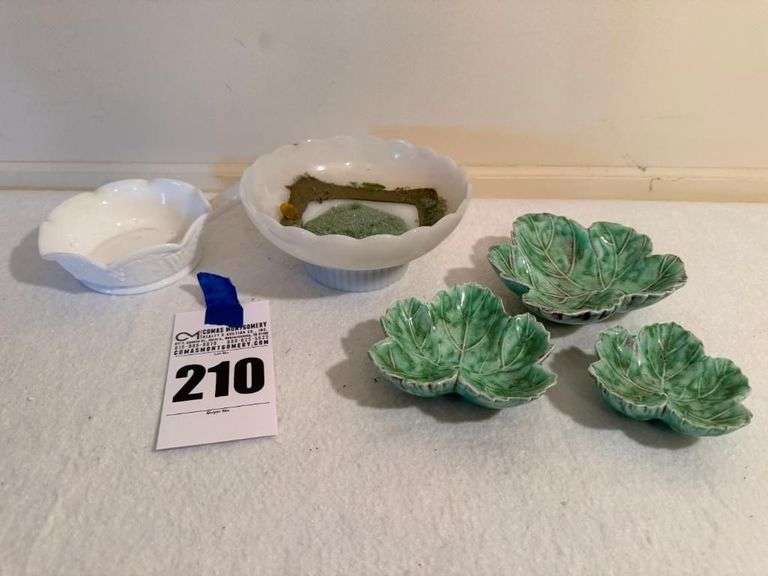 Collection of Dishes with Milk Glass Compote and Leaf Shaped Bowls