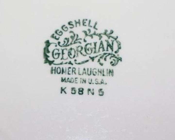 Set of "Georgian" Homer Laughlin China (eggshell with gold trim): 8 dinner plates, 8 dessert plates, 8 bowls, 8 cups, 8 saucers, serving platter, serving bowl, creamer& sugar bowl